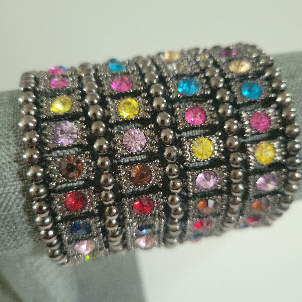 Multicolor Rhinestone Gunmetal Wide Stretch Cuff Bracelet Maximalist